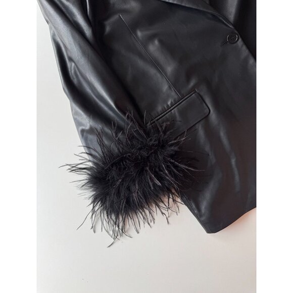 LAMARQUE Galia Black Faux Leather Feather Trim Oversized Blazer, Size XS/S - Picture 8 of 13